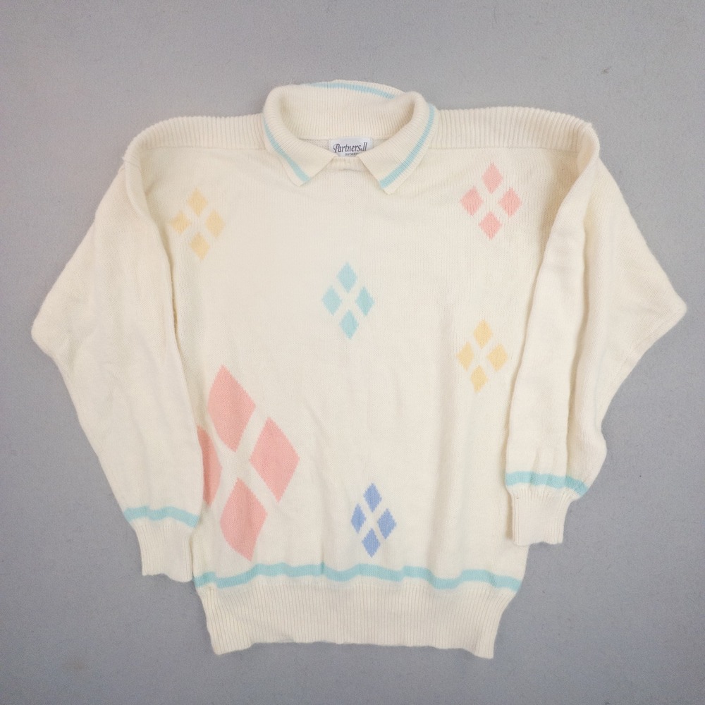 Vintage Partners II by Mervyns Cream Pastel Argyle Collared Sweater 18W